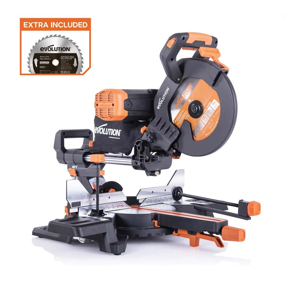 Evolution R255SMS-DB+ potezna pila 255mm s dvostrukim nagibom, listom za drvo 40 zuba i TCT listom za više materijala 28 zuba